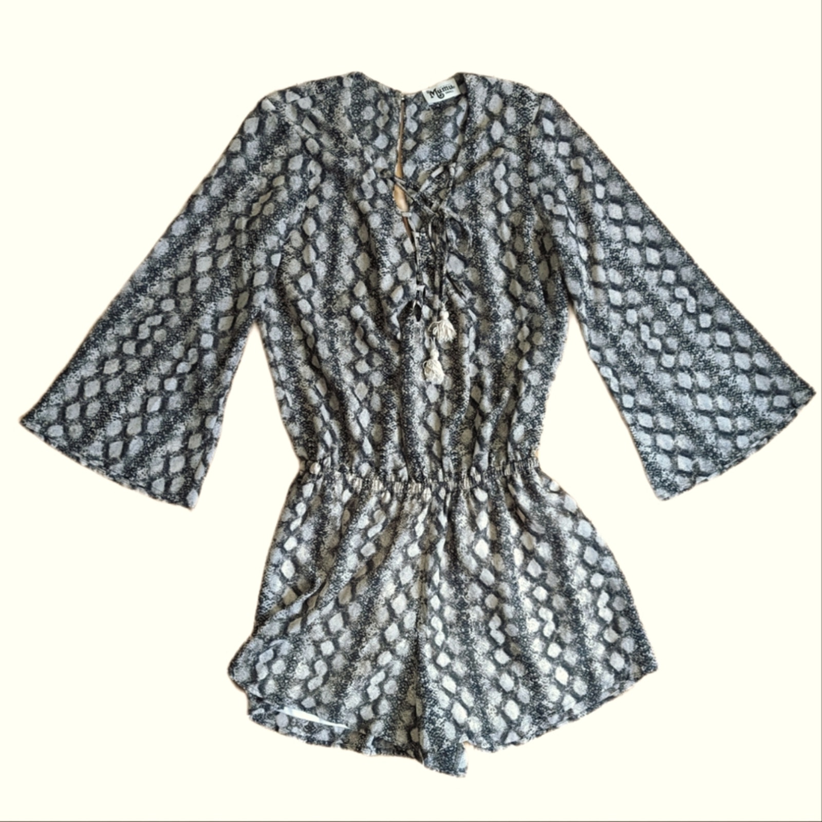 Show Me Your Mumu Snakeskin Lace Up Tassels Cutout Long Sleeve Romper